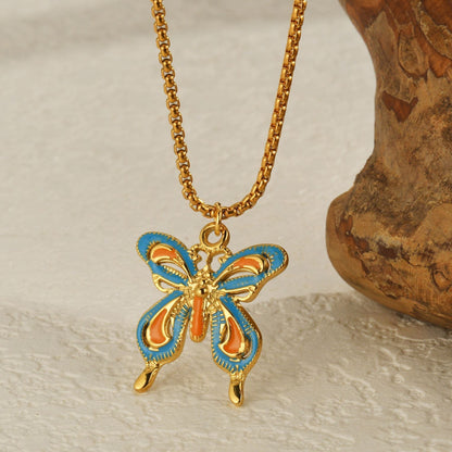 Colorful Enamel Butterfly Pendant Necklace