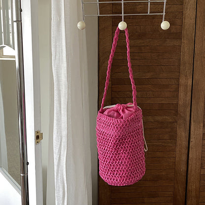 Solid Color Braided Bucket Shoulder Bag