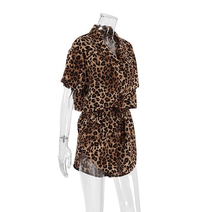 Leopard Print Lapel  Sleepwear Sets