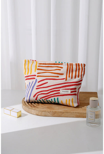 Floral Sreipe Corduroy Portable Cosmetic Bag