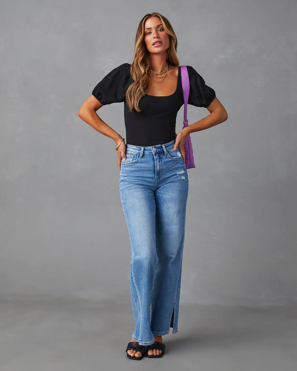 Straight Leg Denim Jeans High Waist Split Jeans
