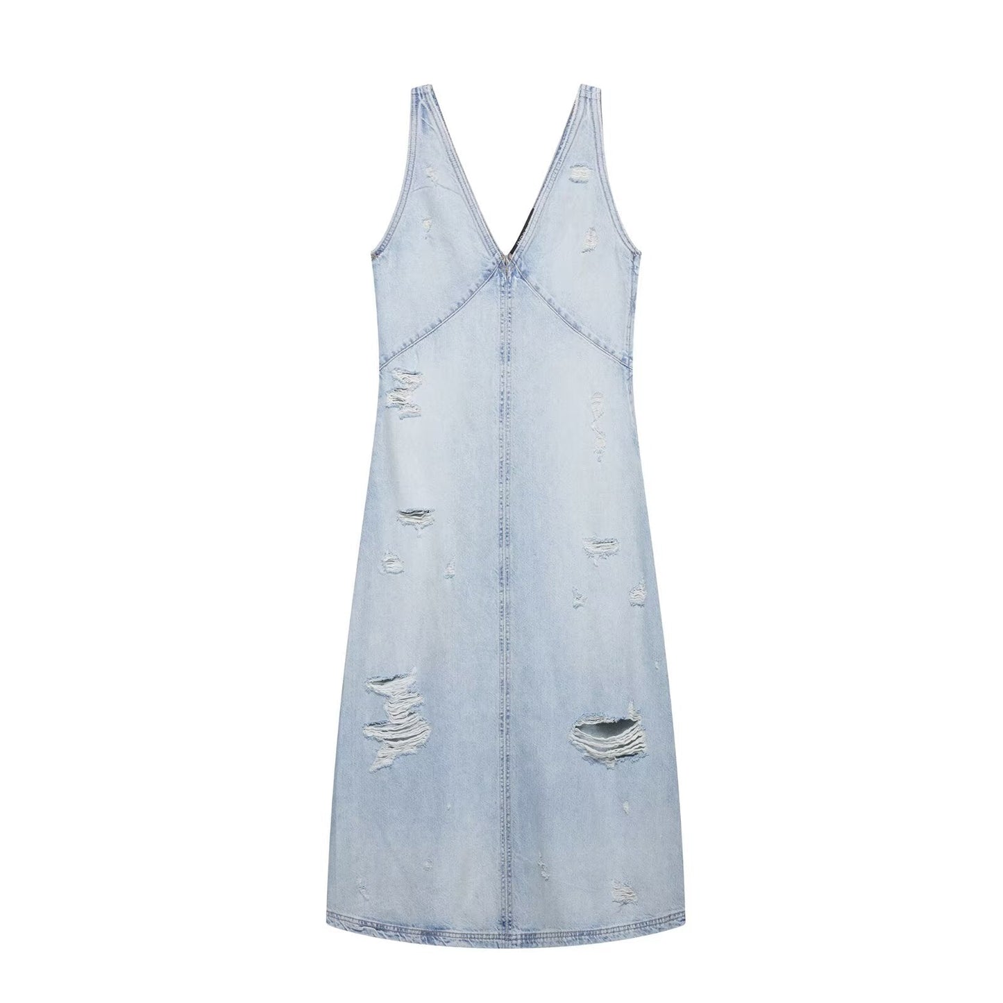Ripped Washed Sleeveless V-Neck Denim Midi Dresses