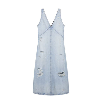 Ripped Washed Sleeveless V-Neck Denim Midi Dresses