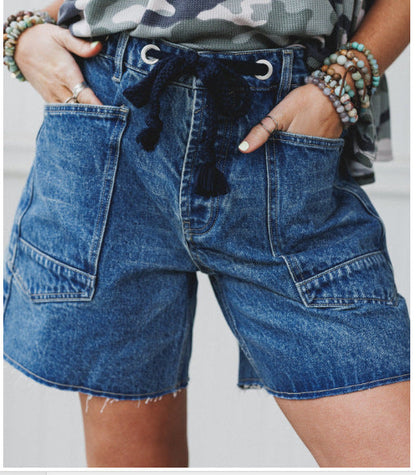 Washed Drawstring Pockets Denim Shorts