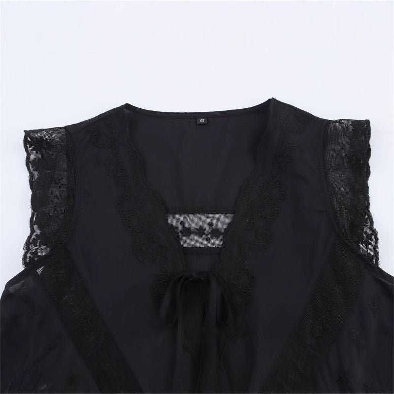 Casual Sleeveless Embroidered Tie Front Top