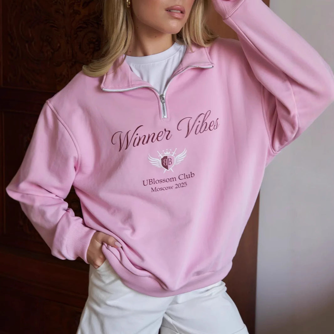 Letter Print Lapel Collar Half Zip Sweatshirt