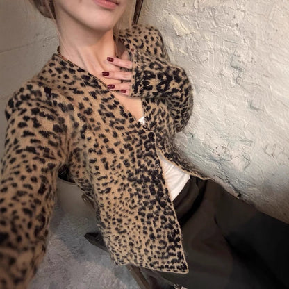Vintage Leopard Print V-Neck Long Sleeve Sweater