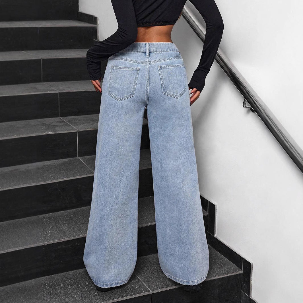 High Waist Washed Bow Loose Jeans