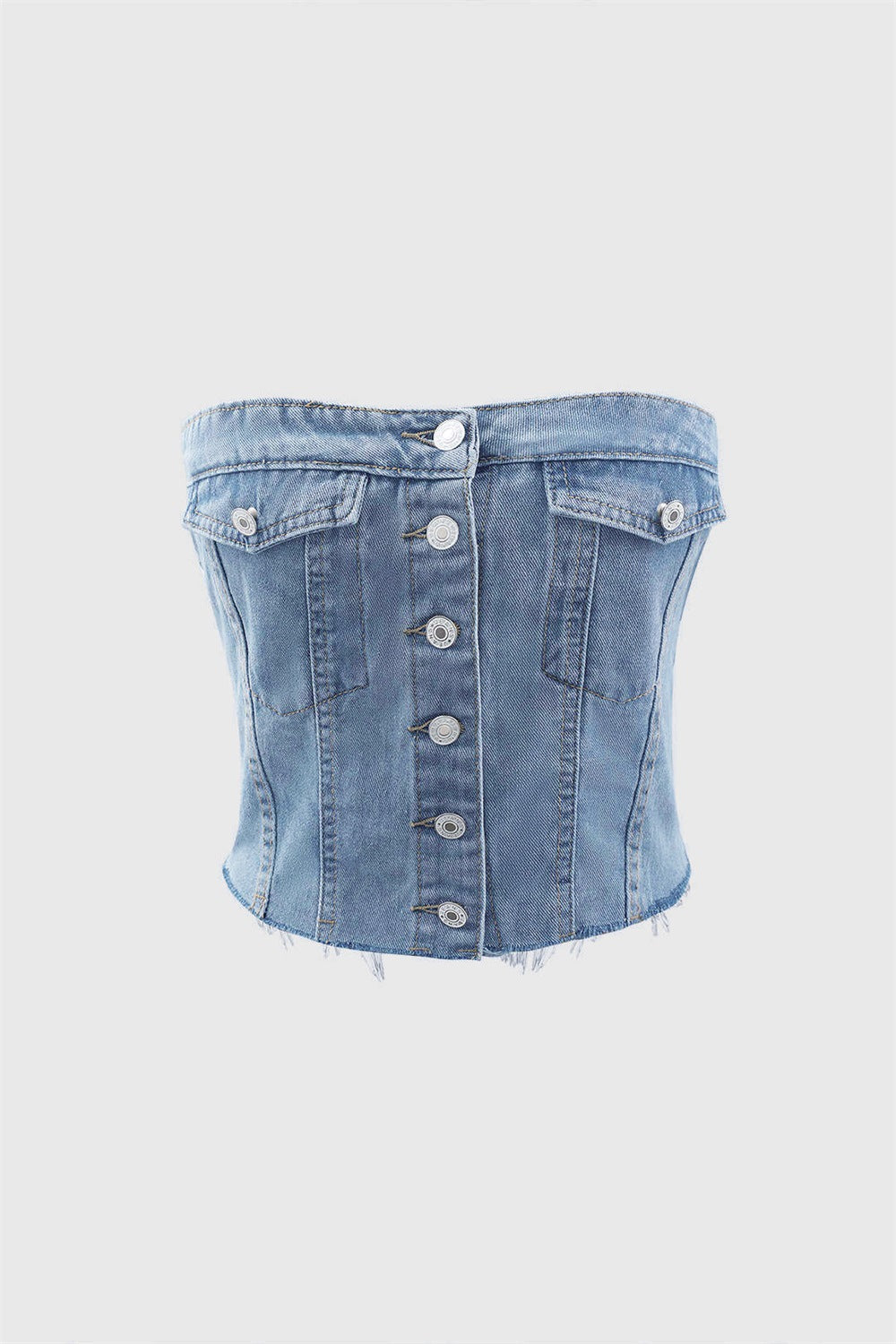Button Down Strapless Denim Tube Tops
