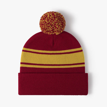 Soft Cuff Pom Pom Stripe Knit Beanie Hat