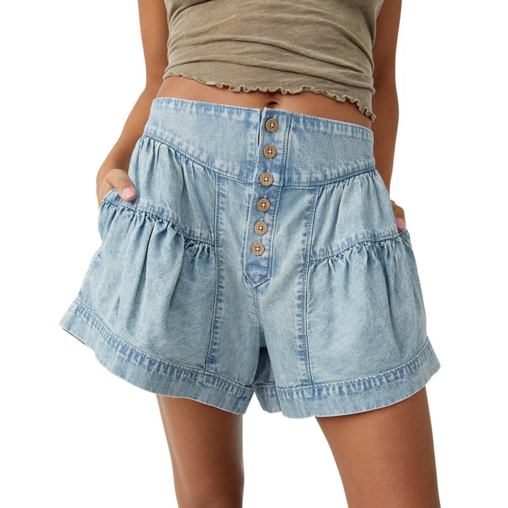 Ruffle Buttons Casual High Waist Denim Shorts