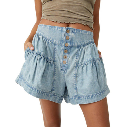 Ruffle Buttons Casual High Waist Denim Shorts