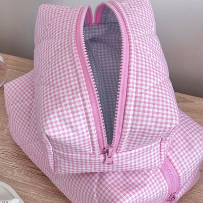 Pink Plaid Sweet Large Capacity Make Up Bag