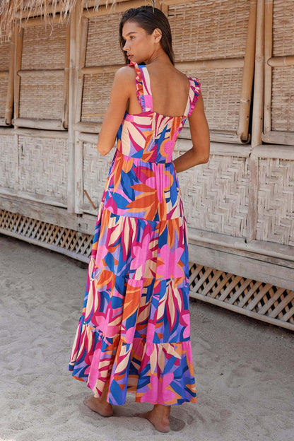 Print Square Collar Backless Long Dress
