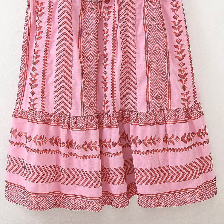 Color Block Embroider String Midi Dresses