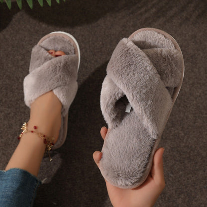 Fuzzy Cross Band Plush Home Slippers