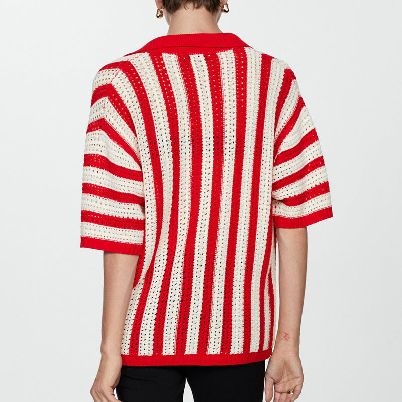 Color-Block Striped Casual Lapel Knit Top