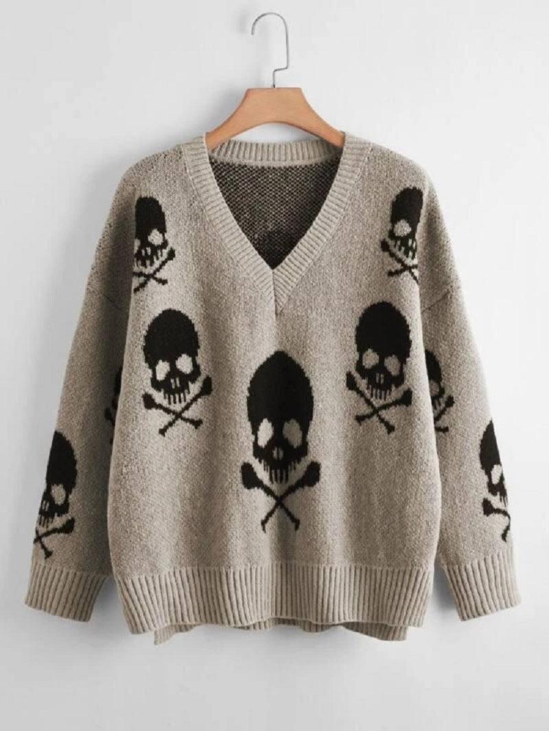 Halloween V-Neck Skull Pullover Sweater