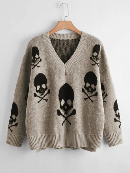 Halloween V-Neck Skull Pullover Sweater