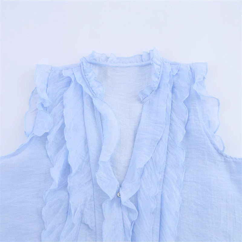 Fashion Solid Color Sleeveless Ruffl Layer Blouse