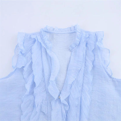 Fashion Solid Color Sleeveless Ruffl Layer Blouse