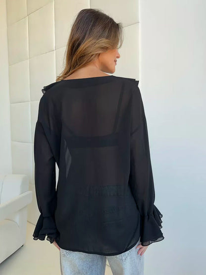 Ruffle V-Neck See Through String Tops