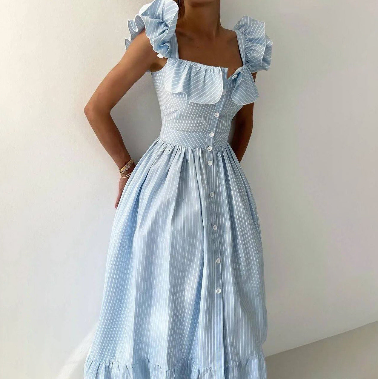 Trendy Square Neck Striped Ruffle Midi Dress