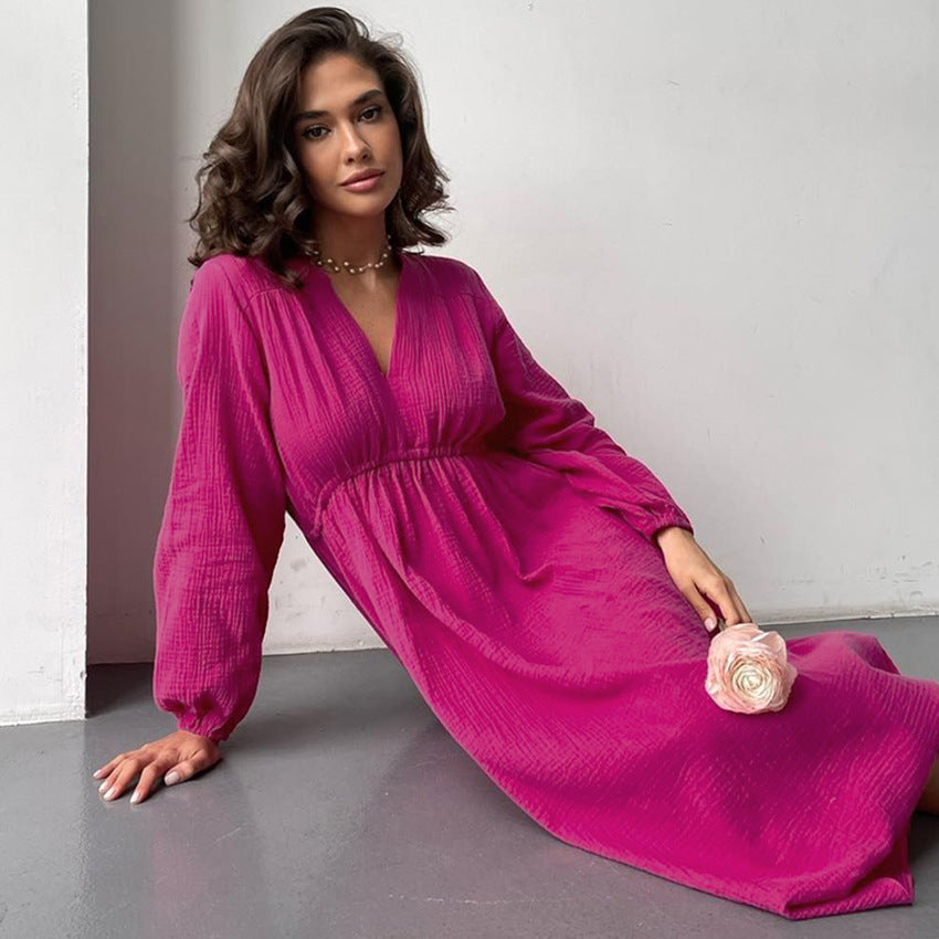 V-Neck Solid Color Loose Homewear Dress