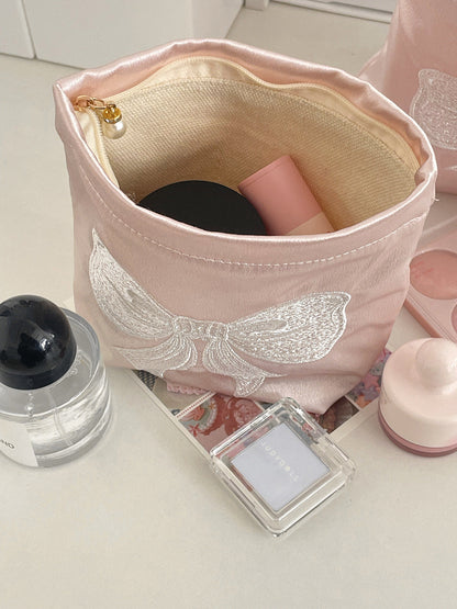 Cute Embroidered Bow Satin Makeup Bag
