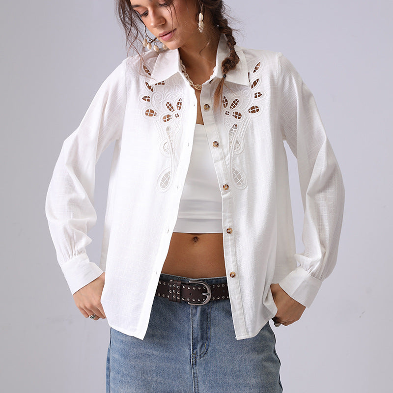 Hollow Embroidered Lapel Button Down Shirt