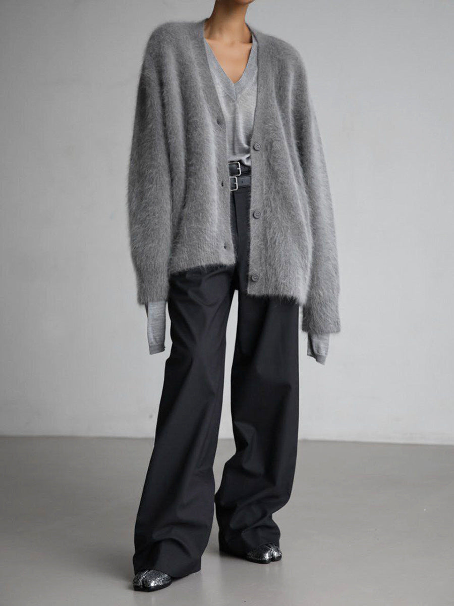 V-Neck Loose Mohair Sweater Cardigan