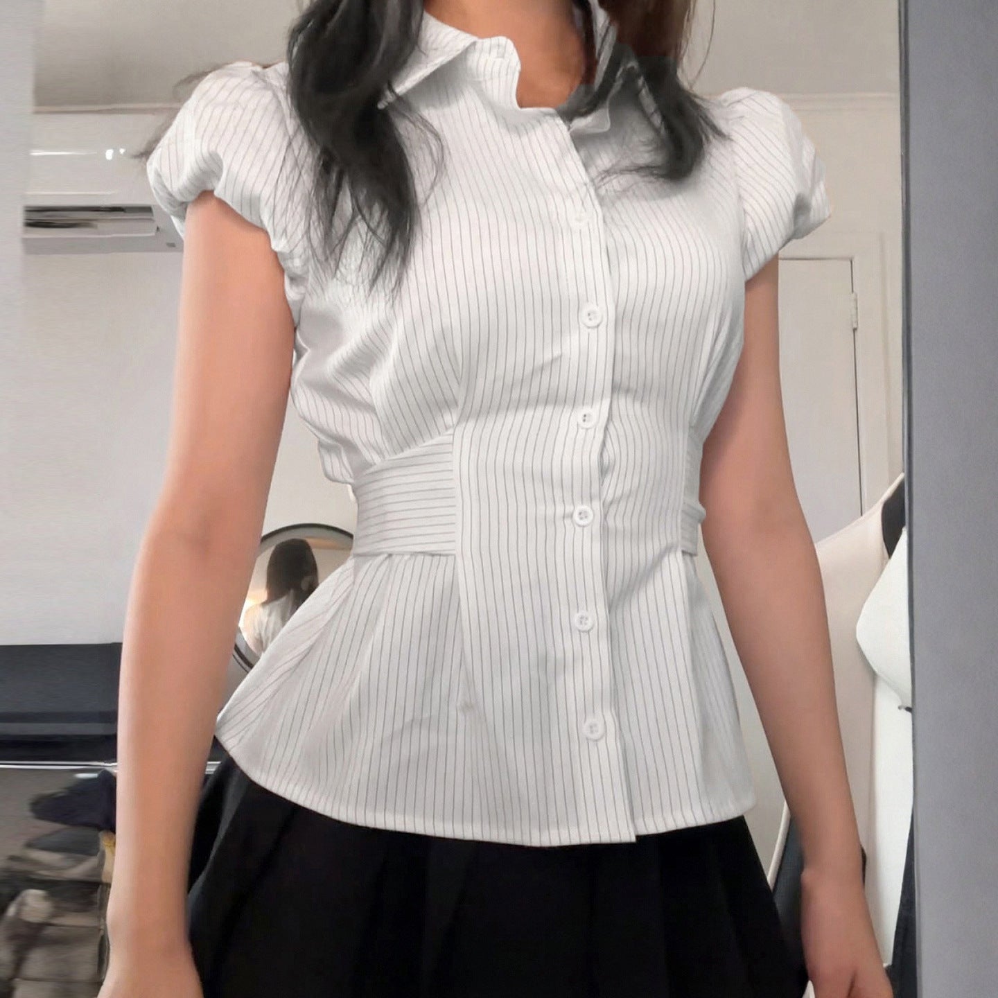 Simple Striped Button Down Tie Waist Shirt