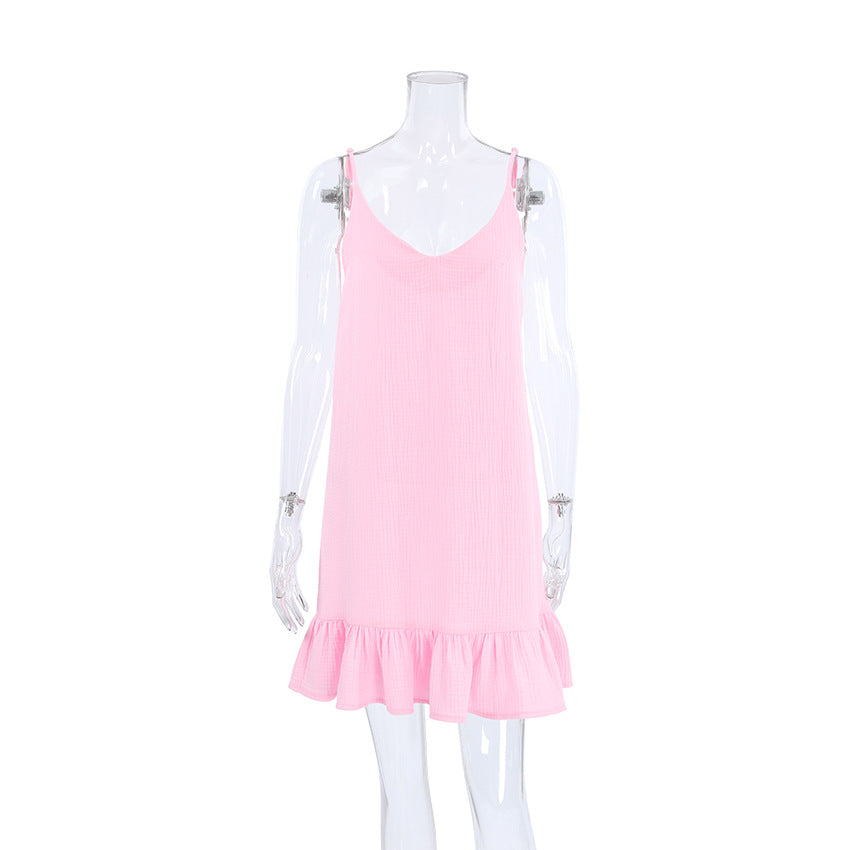 Solid Color Low Collar Sleepwear Dress