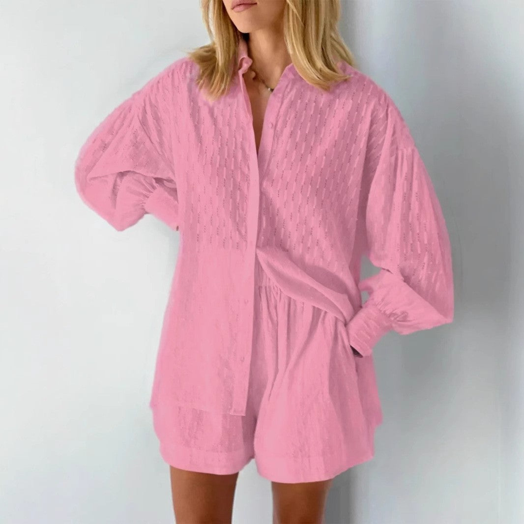 Jacquard Puff Sleeve Shirt Short Set