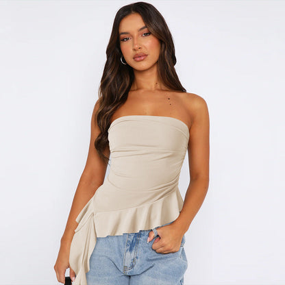 Solid Sexy Flounce Strapless Slim Top