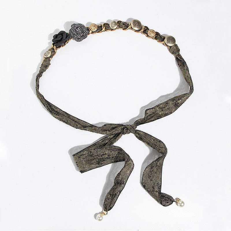 Vintage Rose Silk Chain Pearl Waist Belt