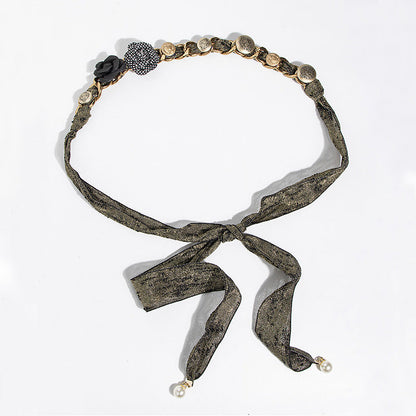 Vintage Rose Silk Chain Pearl Waist Belt