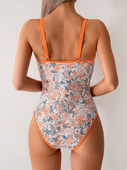 Sexy Floral Ptrint One-Piece Sporty Swimsuit