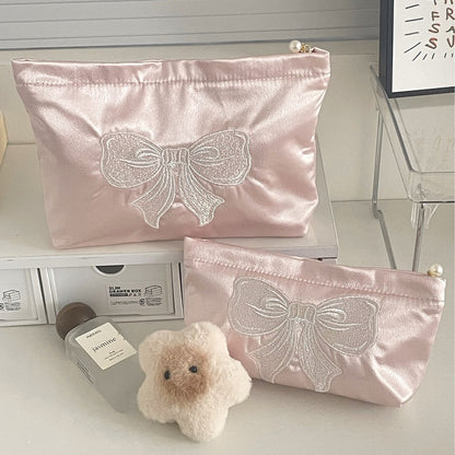 Cute Embroidered Bow Satin Makeup Bag