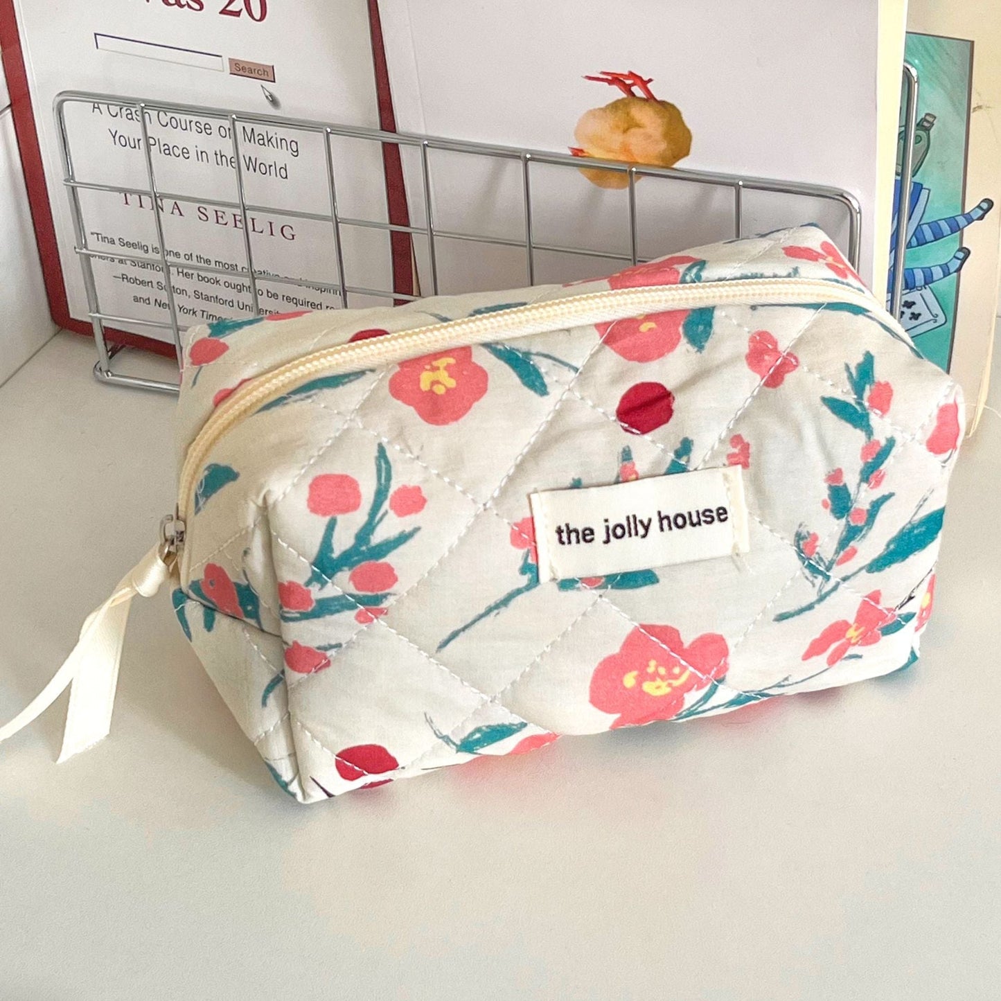 Flower Color Block Padded Make Up Bag