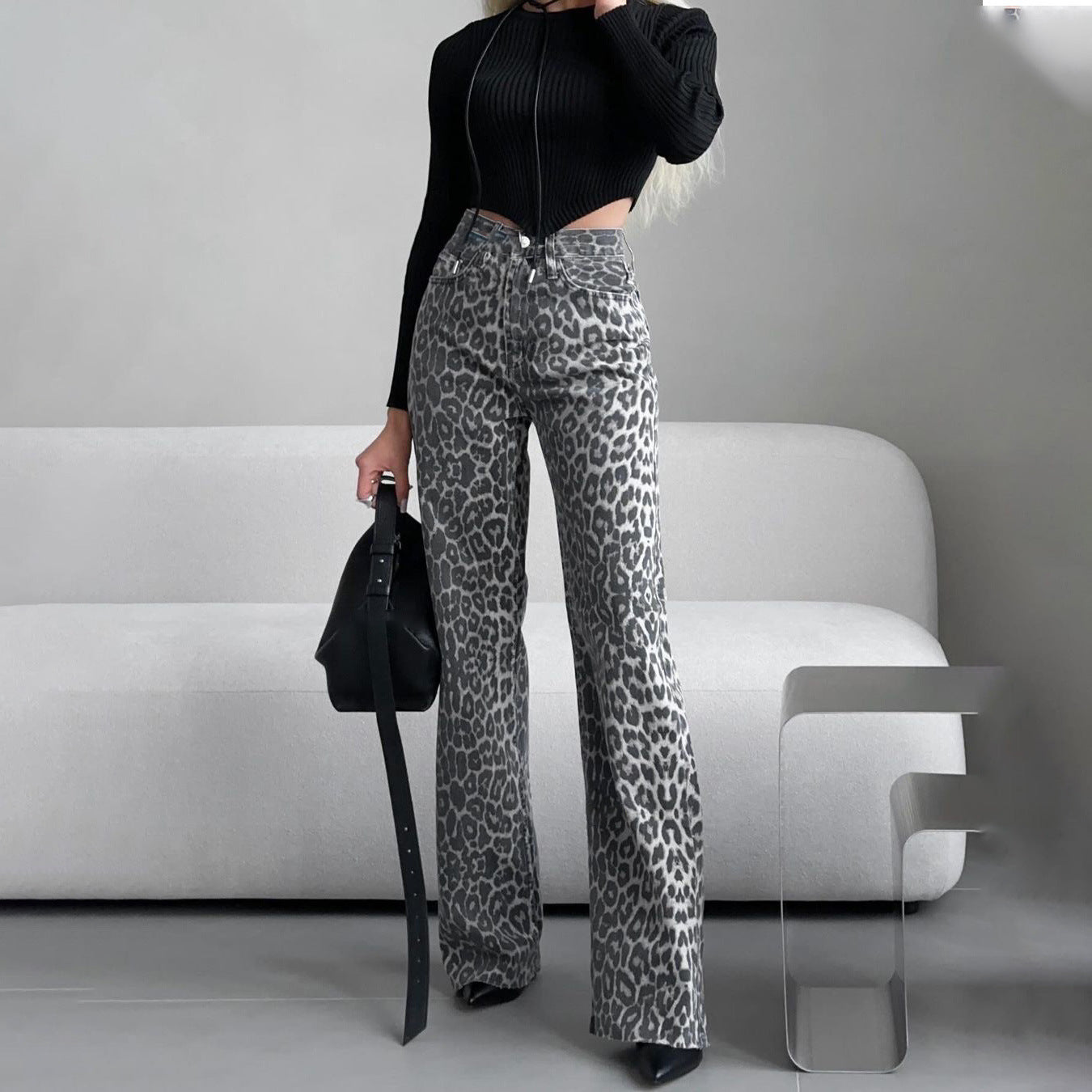 Casual Leopard High Waist Straight Leg Pants