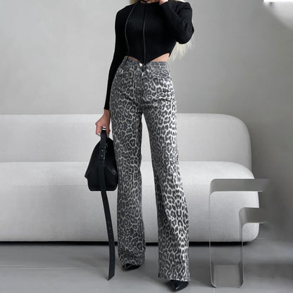 Casual Leopard High Waist Straight Leg Pants