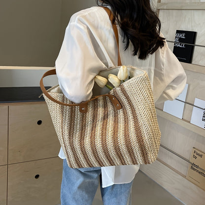 Striped Large Capacity Woven Shoulder Tote Bag