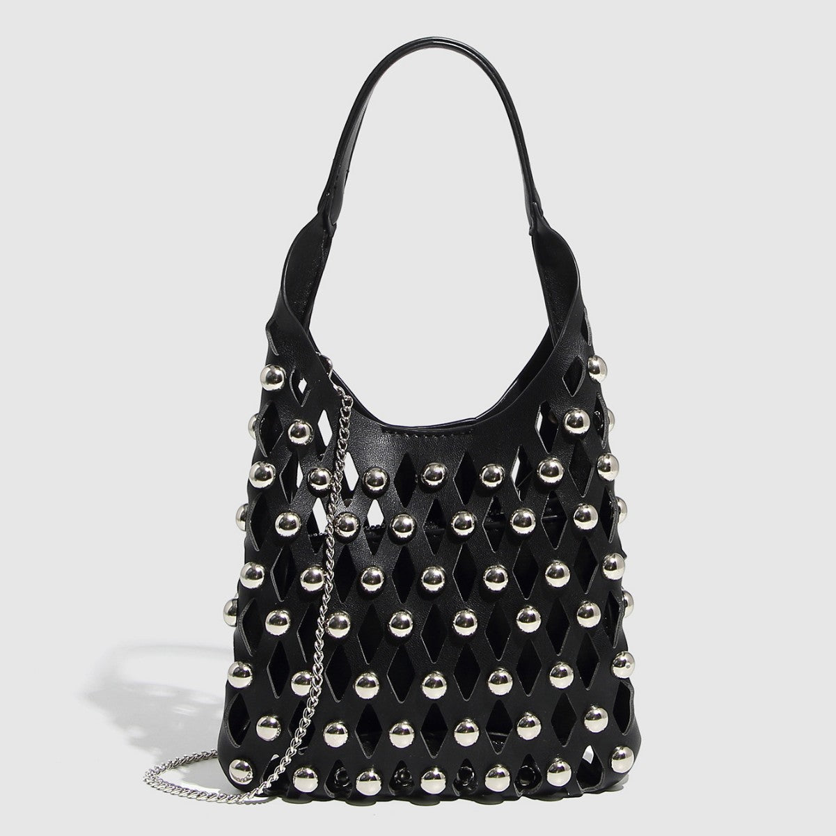 Hollow Out Rivet Chain Shoulder Bucket Bag