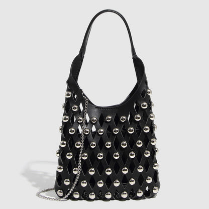 Hollow Out Rivet Chain Shoulder Bucket Bag