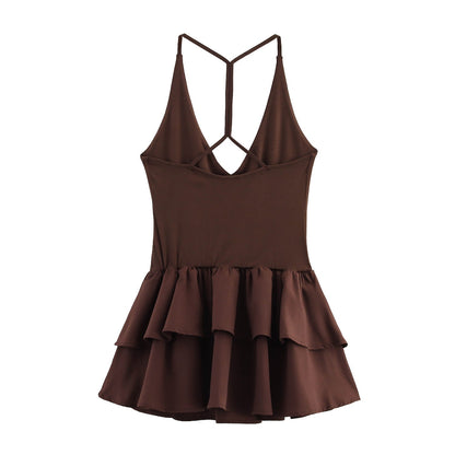 Trendy Solid Color Ruffle Hem Halter Dress