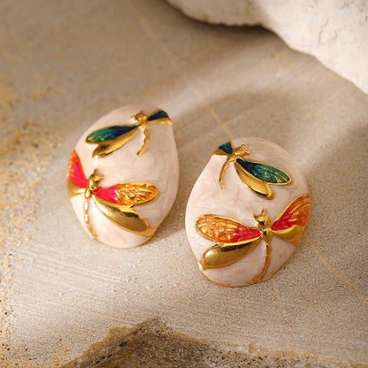 Asymmetrical Oval Enamel Dragonfly Stud Earring
