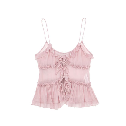 Solid Color Layered Ruffle Spaghetti Strap Top