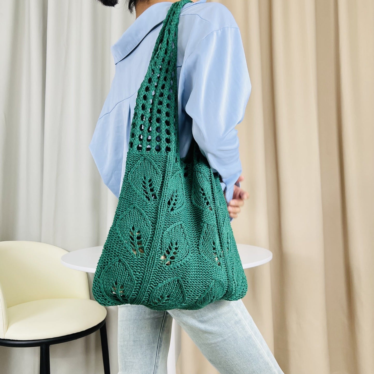 Solid Color Hollow Out Knit Shoulder Tote Bag