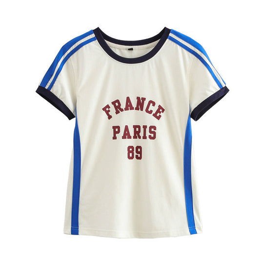 Round Neck Short Sleeve Striped Printed Top